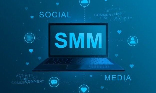 Freelance digital marketer in Qatar A glowing blue laptop screen displays "SMM"[Social Media Marketing] in large letters , surrounded by interconnected social media icons ,hearts, speech bubbles and words like "SOCIAL","MEDIA","LIKE","COMMENT" and "ACTIVITY".