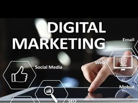 Freelance digital marketer in Qatar text Digital marketing with icons for Social Media ,Web , Mobile and Email showing a hand interacting with a digital screen