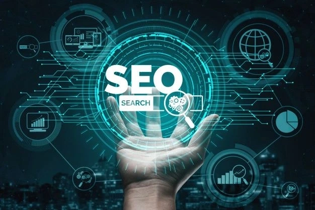 Freelance digital marketer in Qatar The acronym "SEO" with "SEARCH" below it., surrounded by a digital network pattern over an open hand . various icons representing data, analytics and global reach are also vibe.